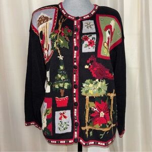 Carly St. Claire Vintage Embroidered Christmas Cardinal Button Cardigan Sweater